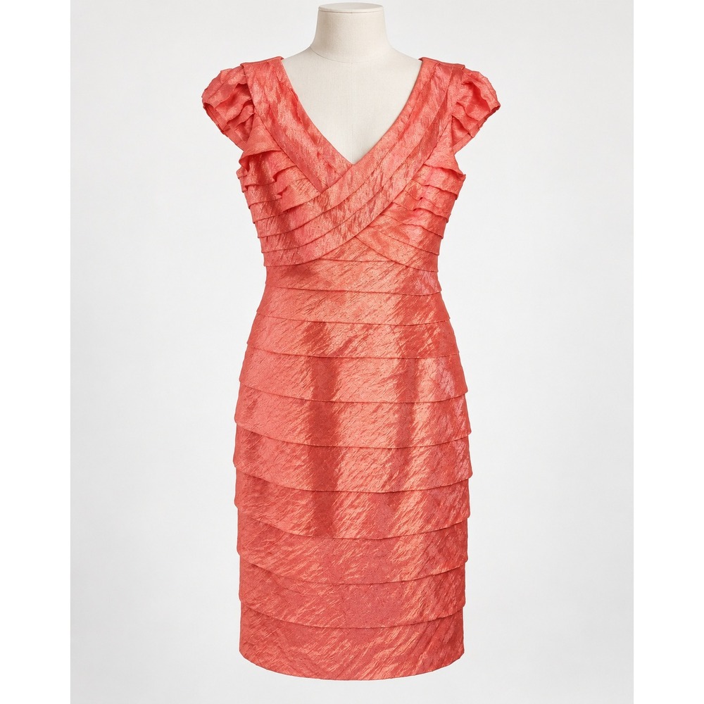 London Times Coral Tiered Ruffle Metallic Sheath Dress Cap Sleeve V-Neck LT1340